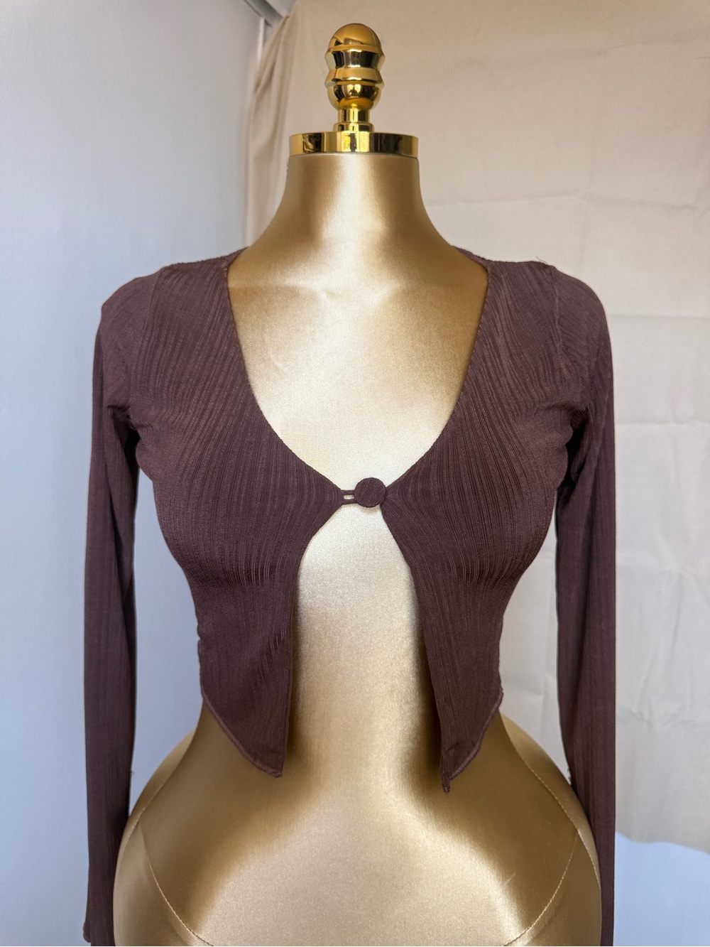 Naked wardrobe 
Ribbed Long-Sleeve Crop Cardigan in Brown